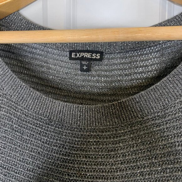 Express Silver & Gray Knit 3/4 Sleeve Scoop Neck Oversize Sweater, Size SP - Picture 2 of 8